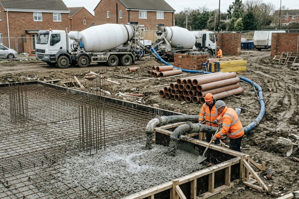Volumetric concrete mixer and pump foundation pour in St Albans